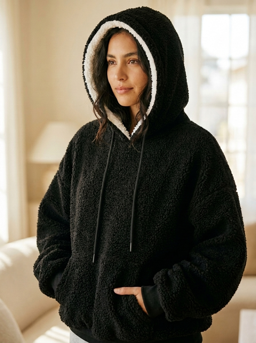 Mujer usando SherpaMax en casa, abrigada y cómoda